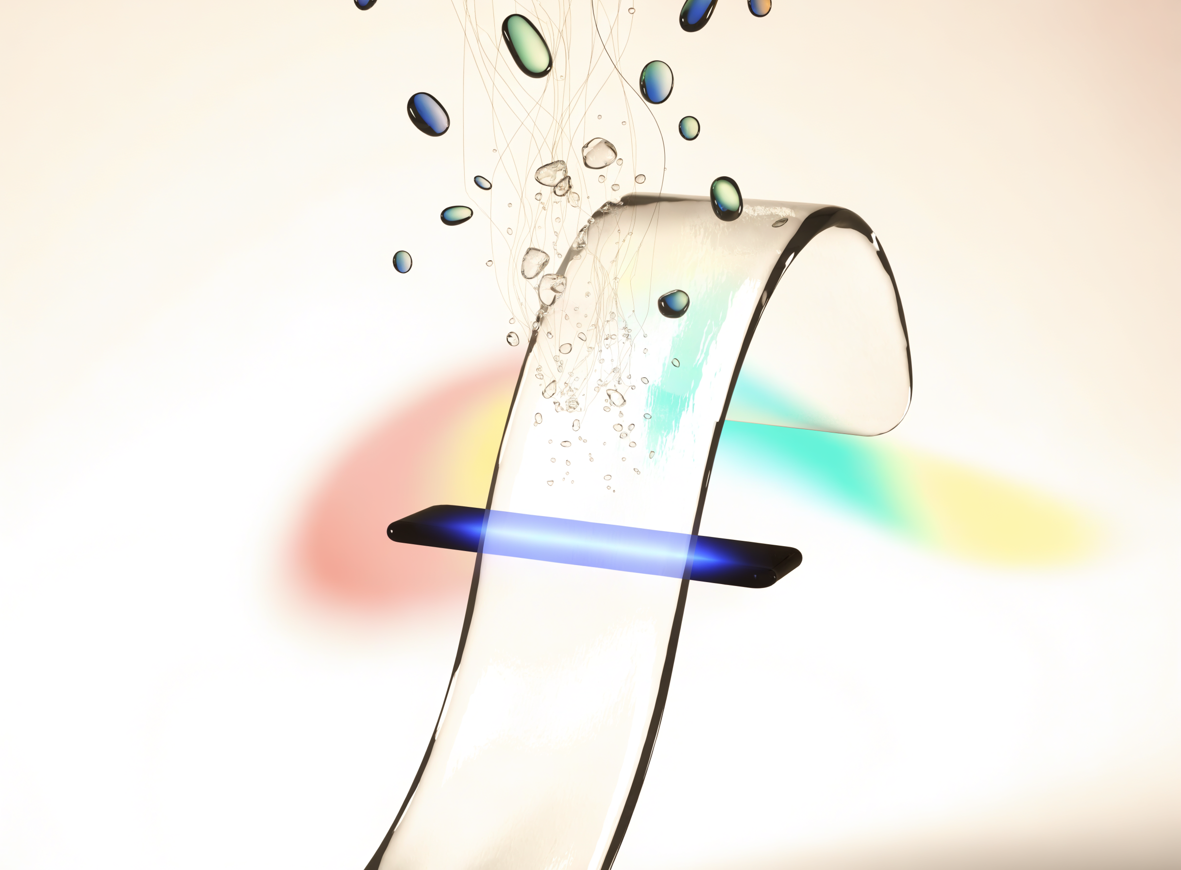 A glass receipt being scanned by a bar of blue light, with data lifting off as floating chips.