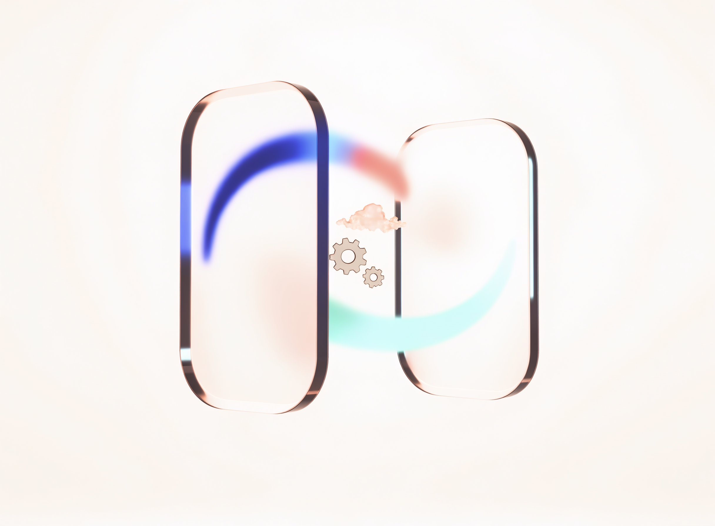 Two glass panels linked by glowing blue and green arcs, representing two-way MYOB sync.